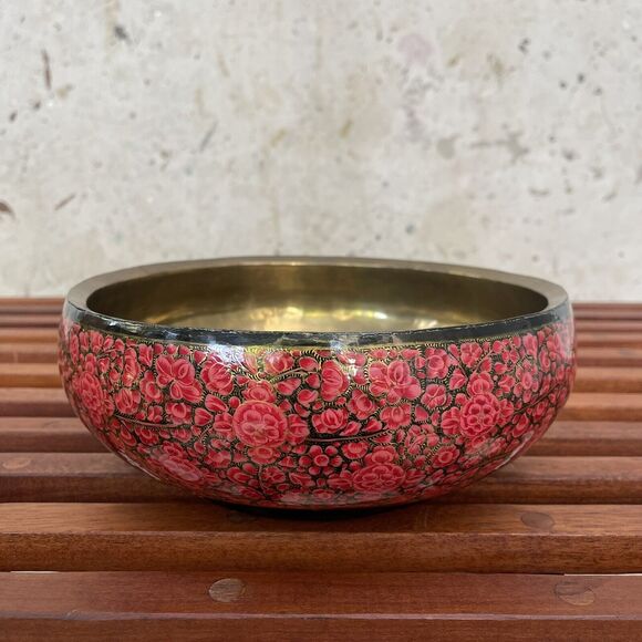 Vintage Hand Painted Kashmiri Bowl Paper Mache & Brass Madhi & Sons India - Picture 1 of 5